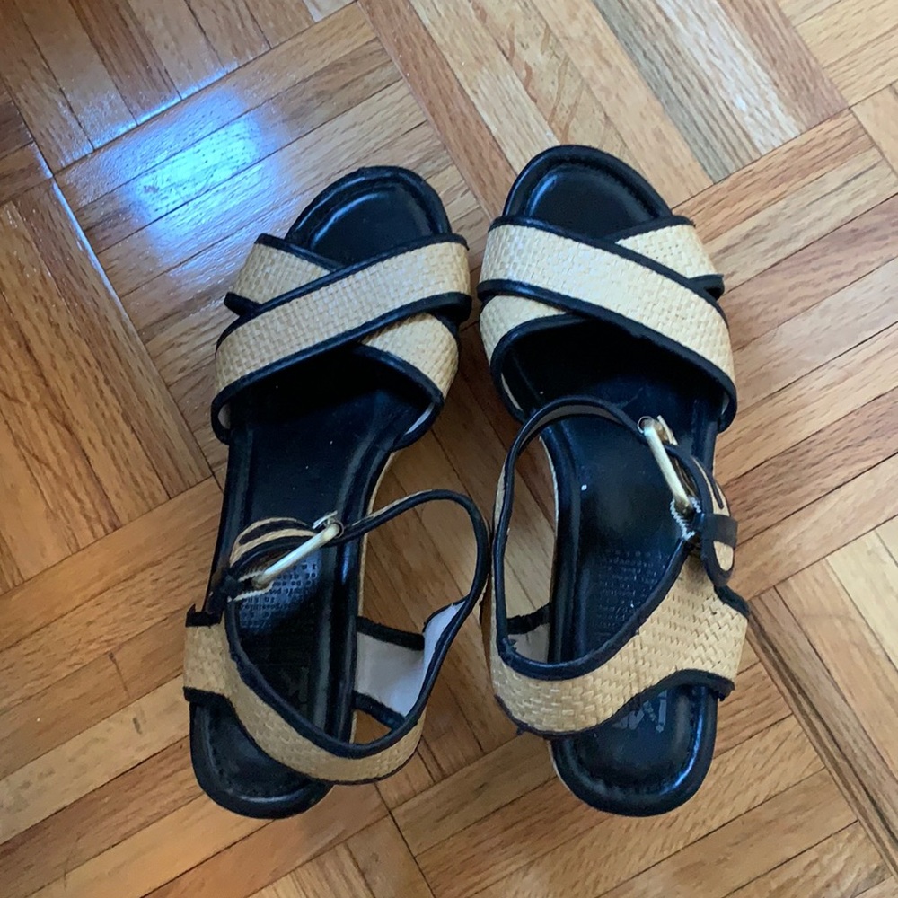 MRKT platform sandals in neutral and black. Size 7.